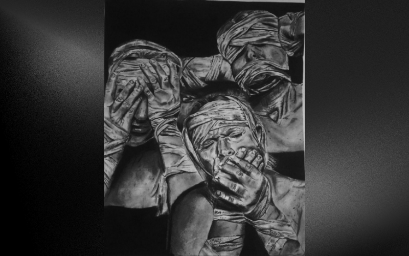 Pencil drawing about not speaking, seeing, or hearing